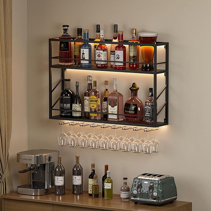 Wall Mounted Wine Rack with Glass Holder，Stylish Mini Floating Bar Shelves - Image 6