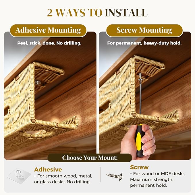 Handmade Rattan Under Desk Cable Management Tray 2 Pack, Natural | Easy Install - Image 5