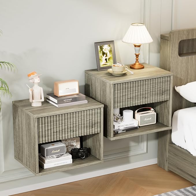 VINGLI Floating Nightstand Set of 2 Gray Fluted Nightstands by VINGLI