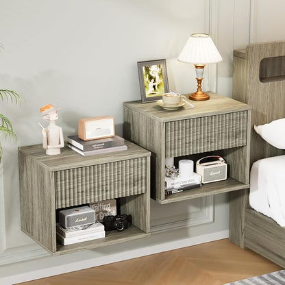 VINGLI Floating Nightstand Set of 2 Gray Fluted Nightstands by VINGLI