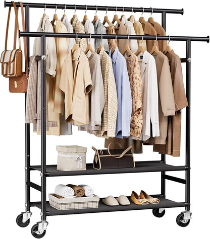 HYSEYY Clothes Rack, Double Rods Rolling Clothing Rack by HYSEYY