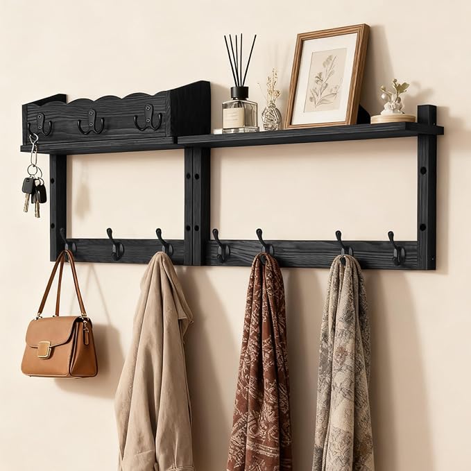 28" Coat Rack Wall Mount with Shelf with 7 Hooks 3 Key Hanger | Entryway Key by Unknown