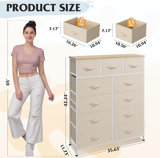 WLIVE Tall Dresser for Bedroom, 11 Drawer Chest of Drawers, Cream White | 11 - Image 3