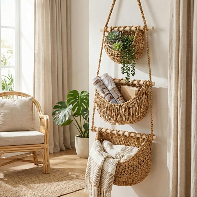 Lawei 3 Tier Hanging Fruit Basket, Wall Hanging Vegetable Fruit Baskets Cotton - Image 7