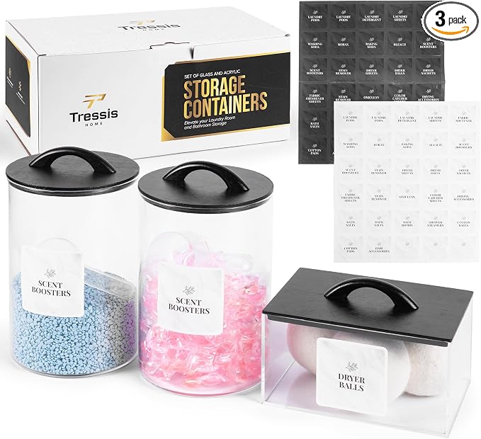 Laundry Pod Storage Container Set | Two 3L Glass Jars & One Acrylic Dryer Sheet by Unknown
