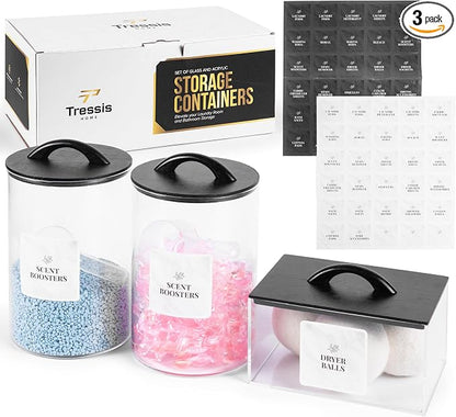 Laundry Pod Storage Container Set | Two 3L Glass Jars & One Acrylic Dryer Sheet by Unknown