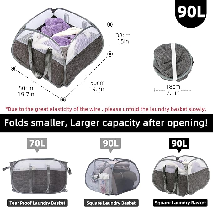 Collapsible Laundry Basket, 90L Tear Proof Mesh Pop-up Hamper 2PCS | Foldable - Image 2