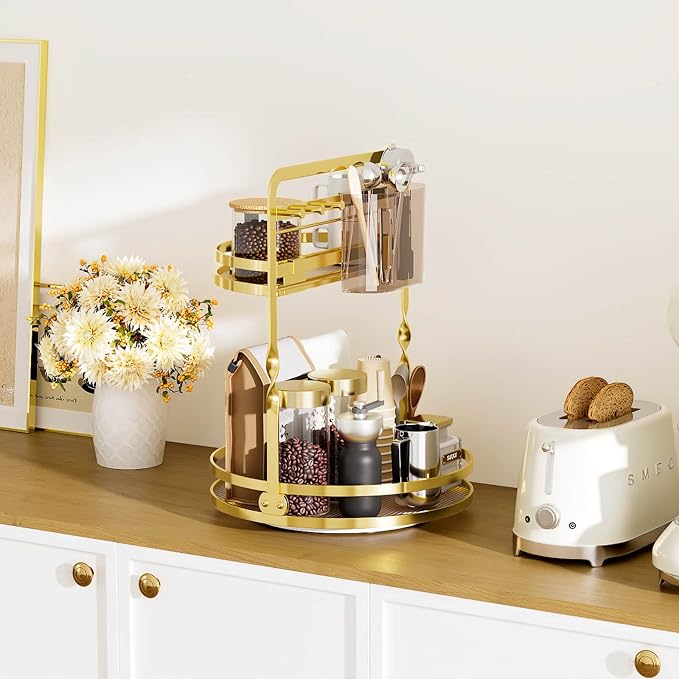 360° Rotating Makeup Organizer for Vanity, 2-Tier Gold Bathroom Organizer - Image 9