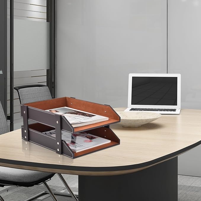 Leather Desk Organizer, 2-Tier Stackable Letter Tray Holder, Office Supplies - Image 5