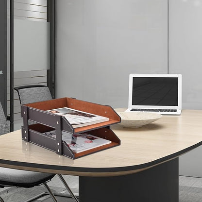 Leather Desk Organizer, 2-Tier Stackable Letter Tray Holder, Office Supplies - Image 5