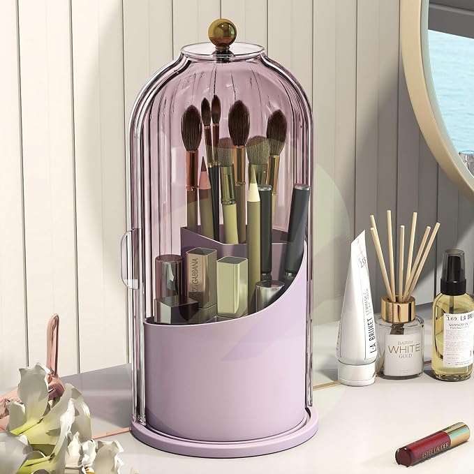 Makeup Brush Holder with Dustproof Cover 360 Rotating Makeup Brush Organizer by Emljkvp