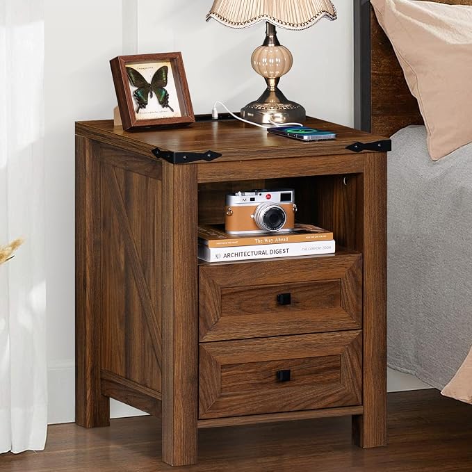 Nightstand with Charging Station and USB Port, Farmhouse Side End Table with 2 - Image 6