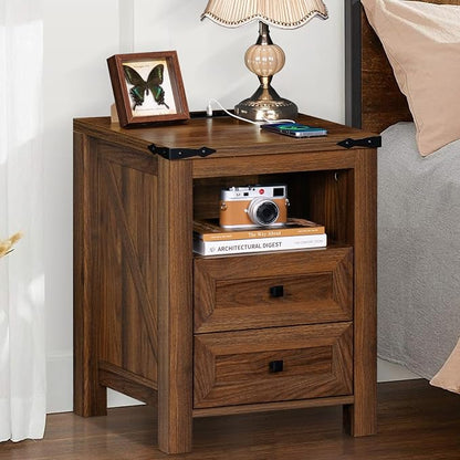 Nightstand with Charging Station and USB Port, Farmhouse Side End Table with 2 - Image 6