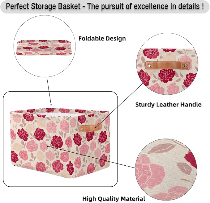 Pardick Roses Pink Flower Basket Storage Bins Large Fabric Toys Storage Cube Box - Image 6