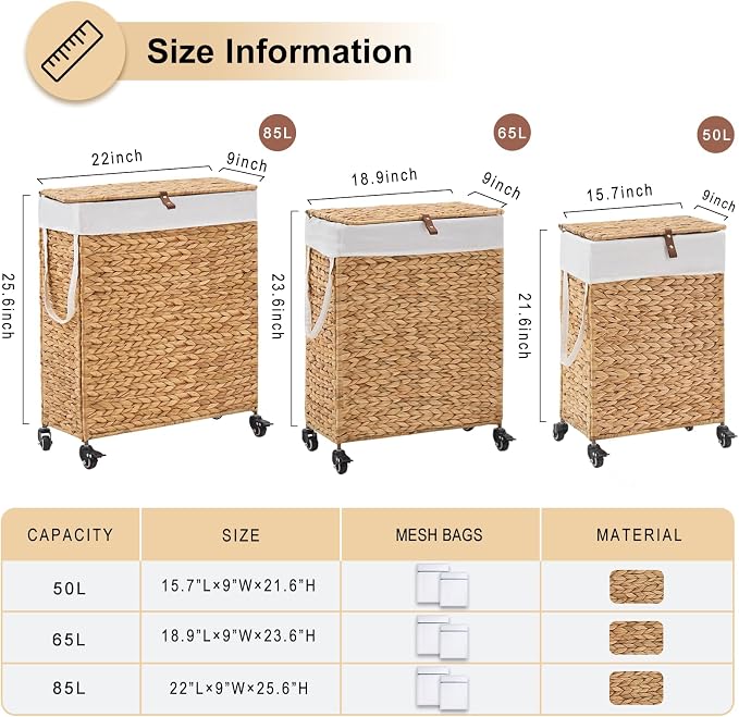 Rolling Laundry Hamper with Lid and Wheels, Slim Laundry Basket with Removable - Image 2