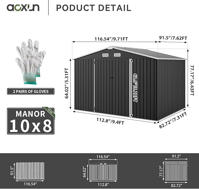 Aoxun 9.4x7.3x6.5 FT Outdoor Storage Shed, Garbage Can, Outdoor Metal Shed - Image 6