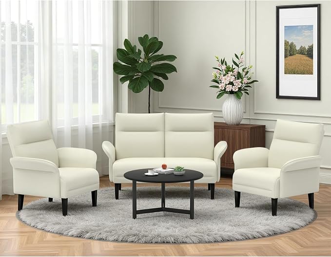 3-Piece Symmetrical Shawl Arm Sofa Set, Faux Leather Loveseat & 2 Accent Chairs by Tbillionnext