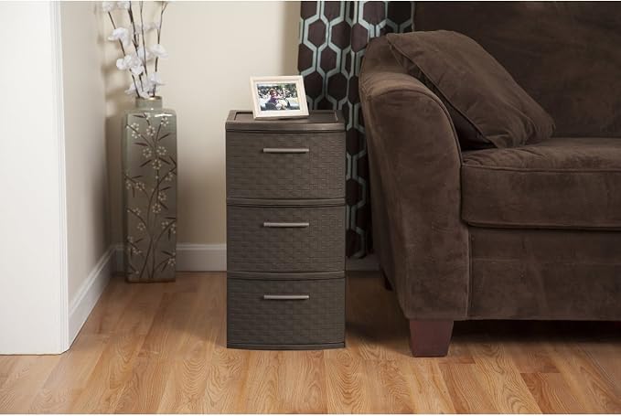 Sterilite Espresso 26306P02 15" X 12 5/8" X 24" Brown 3 Drawer Weave Tower - Image 6