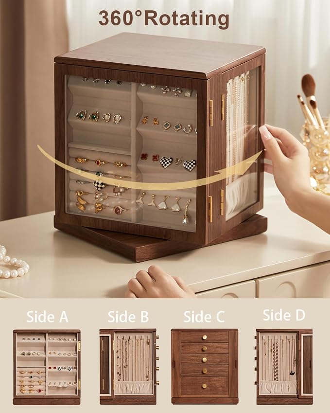 CHOSIN Black Walnut Wooden Jewelry Box, 360° Rotating Organizer - Image 3
