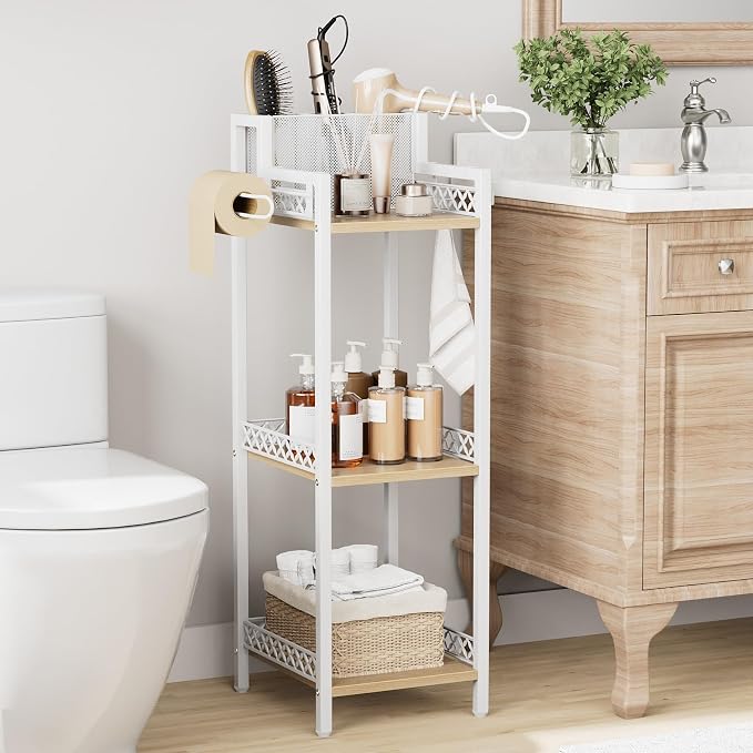 Slim Bathroom Storage Shelf Unit, 3 Tier Corner Storage, Rustic Makeup Organizer - Image 7