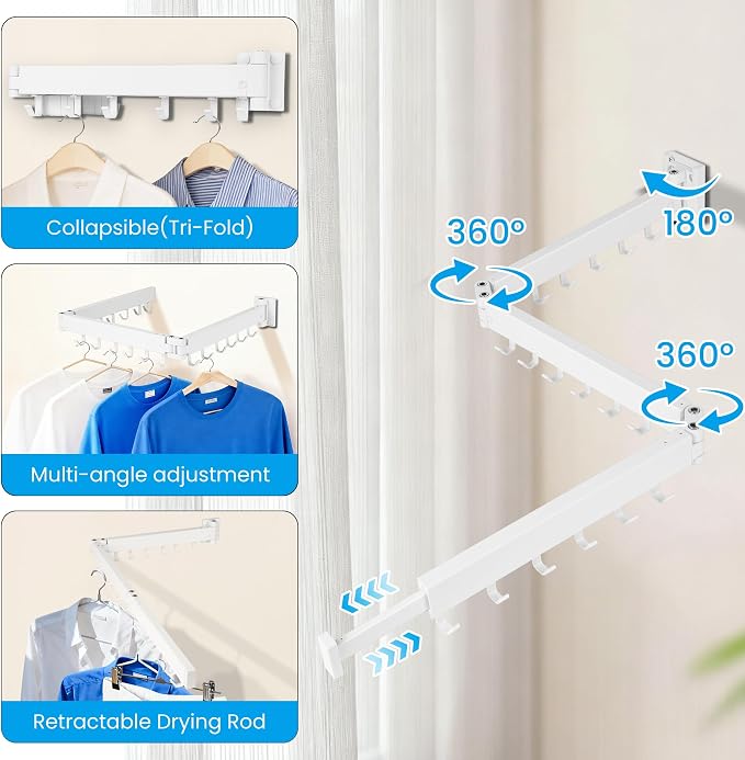 Clothes Drying Rack Wall Mounted, Retractable Collapsible Space Saver - Image 4