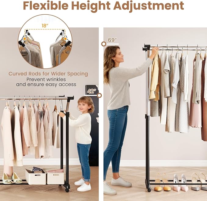 COSTWAY Double Rod Clothing Rack, Rolling Garment Rack - Image 3