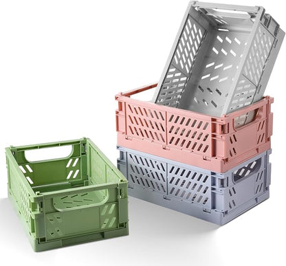 4-Pack Small Pastel Plastic Storage Baskets, Collapsible Crates by HUUSMOT