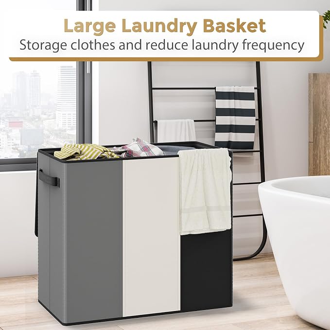 180L Laundry Hamper 3 Section, Large Laundry Basket - Image 4