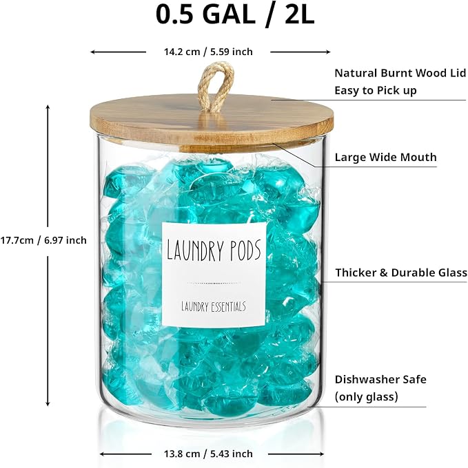 Glass Laundry Pods Container, 0.5 Gallon 2 Liter Laundry Jars - Image 2