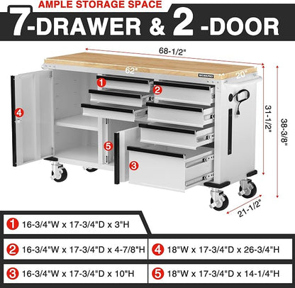 WORKPRO 62" x 20" 7-Drawer & 2-Door Rolling Tool Chest, Mobile Tool Storage - Image 2