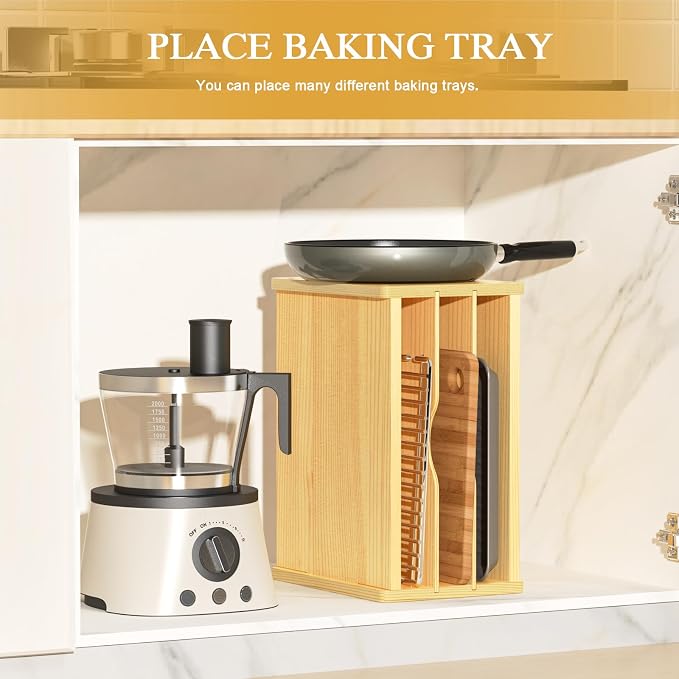 4 Tier Wooden Cabinet Tray Dividers, Kitchen Vertical Baking Sheet Organizer - Image 4
