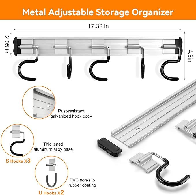 69'' Aluminum Alloy Garden Tool Organizer Wall Mount Garage Organizers and - Image 2