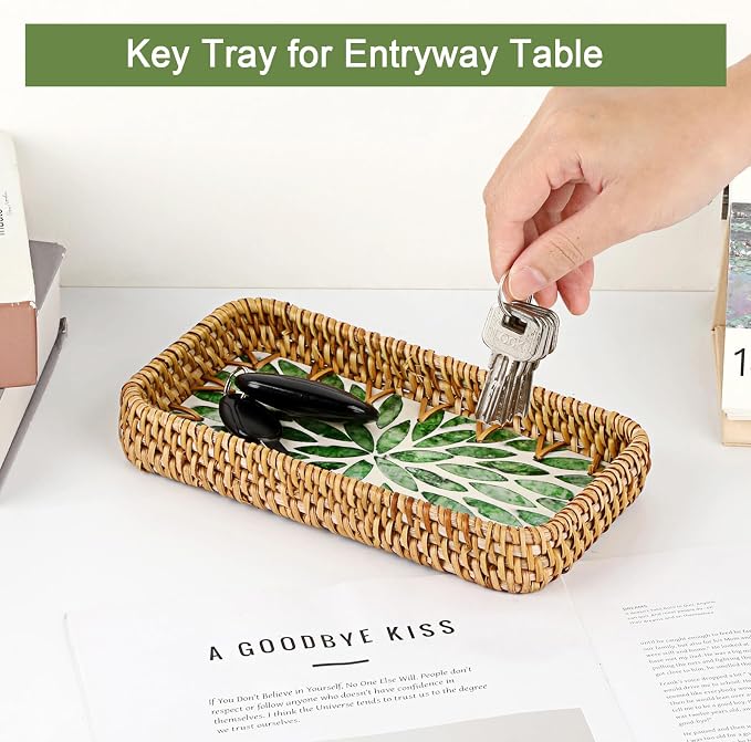 Decorative Key Basket Tray fot Entryway Table Woven Rattan Tray - Image 3