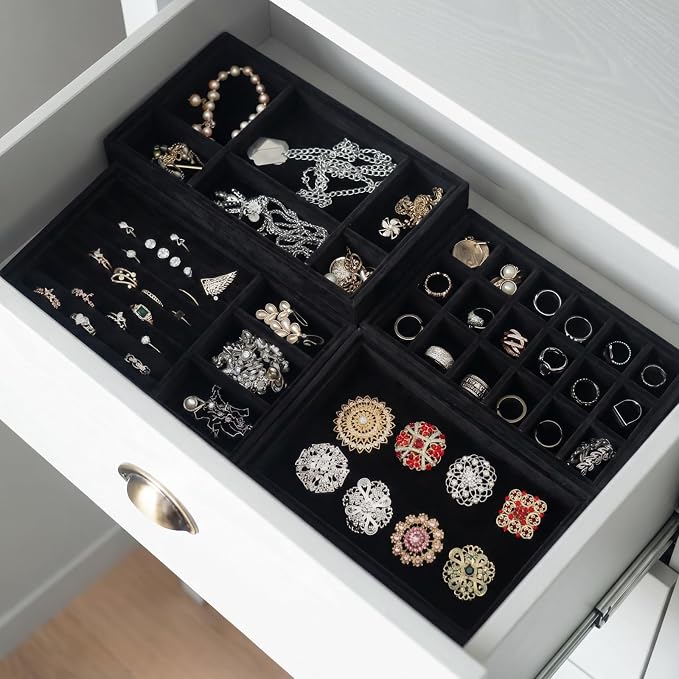 Elsjoy 8 Pack 4 Styles Black Velvet Jewelry Trays, Jewelry Organizer Tray - Image 7