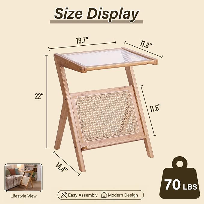 Tiita Rattan Side Table, Mid Century Nightstand, Bamboo Accent Bedside Tables - Image 3