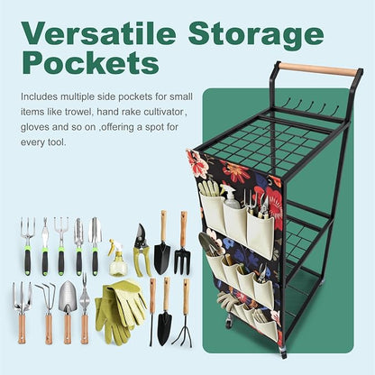 Garden Tool Organizer with Wheels 3 Tier Yard Tool Organizer Rack with Side - Image 3
