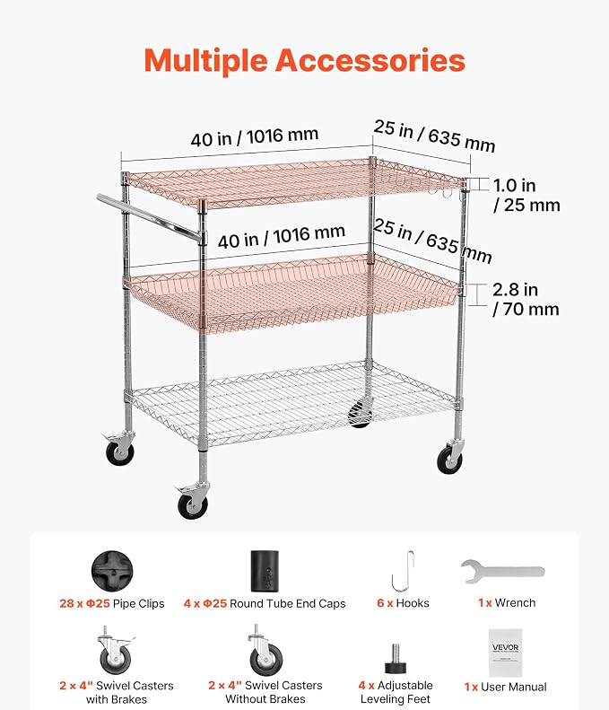 VEVOR Kitchen Utility Cart, 3 Tier Heavy Duty Adjustable Wire Storage Rack - Image 5