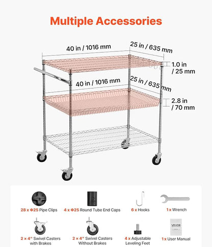 VEVOR Kitchen Utility Cart, 3 Tier Heavy Duty Adjustable Wire Storage Rack - Image 5