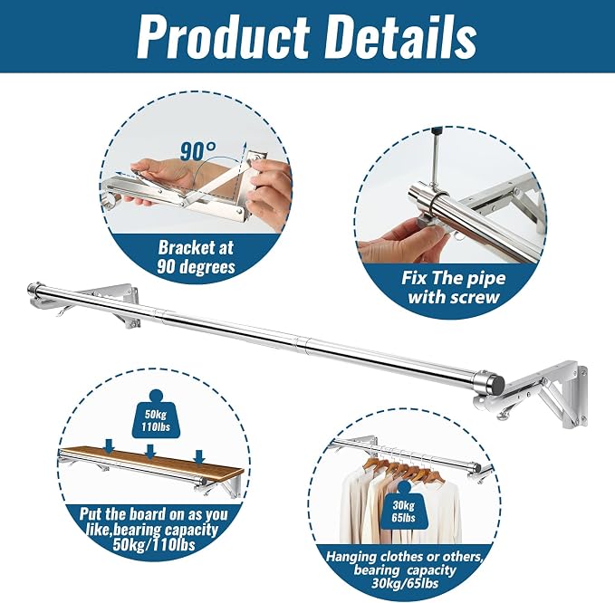 Foldable Wall Mounted Clothes Rack-44'' Long Rod&2 Bases, Stainless Steel - Image 4