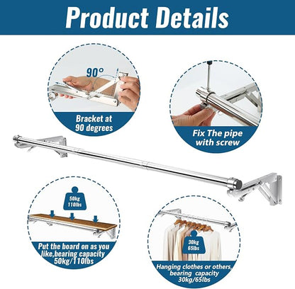 Foldable Wall Mounted Clothes Rack-44'' Long Rod&2 Bases, Stainless Steel - Image 4