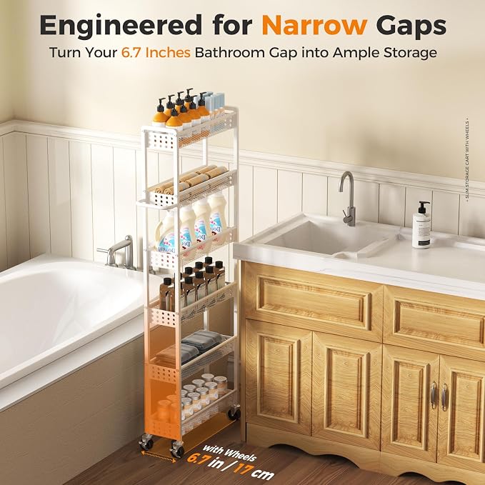 6 Tier Slim Storage Cart with Wheels, Metal Narrow Spice Cabinet Mobile - Image 3