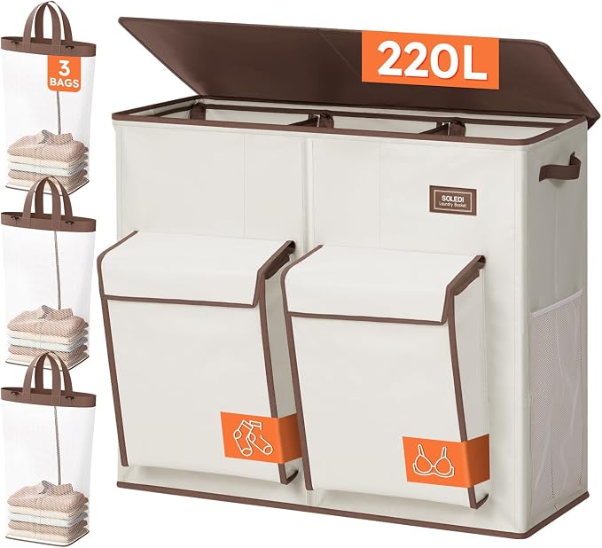 SOLEDI 220L Laundry Hamper 3 Section, Extra Large Laundry Basket by SOLEDI