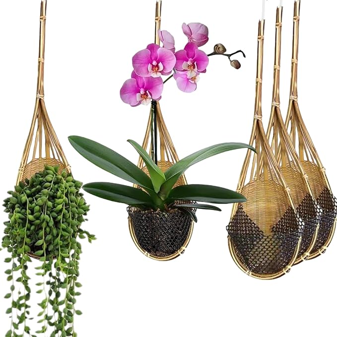 Hanging Orchid Planter Plant Pot: 4" Handmade Bamboo Flower Basket by Gogeffor