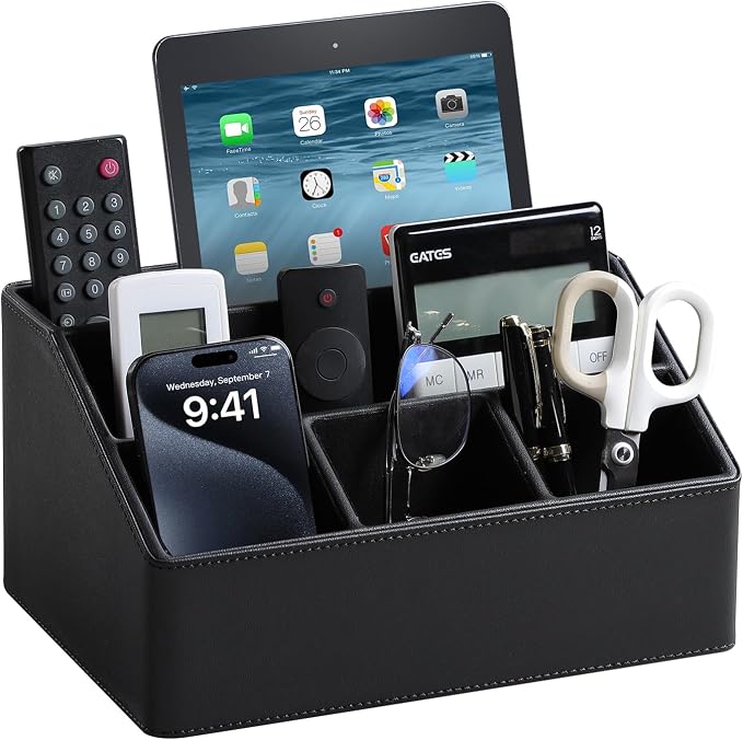 PU Leather Desk Organizer, Luxury Remote Control Holder by MEIBOOCH