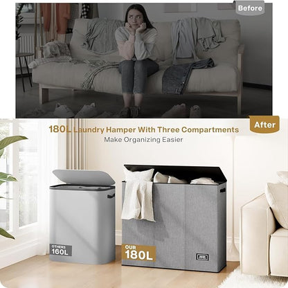 SOLEDI 180L Laundry Hamper 3 Section, Extra Large Laundry Hamper - Image 8