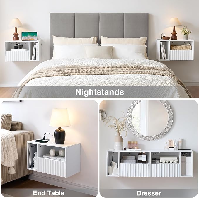 Modern Matte White Fluted Floating Nightstand - Image 5