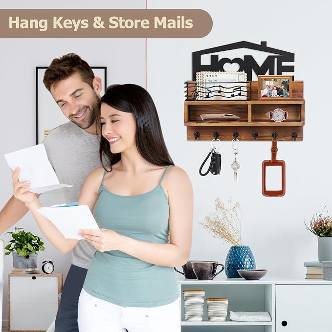 VIS'V Key Holder Wall Mount, Decorative Wood Mail and Key Organizer, Small Shelf - Image 4