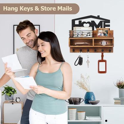 VIS'V Key Holder Wall Mount, Decorative Wood Mail and Key Organizer, Small Shelf - Image 4