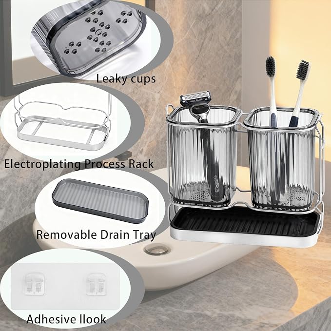 2-Pack Grey Toothbrush Holders, Wall Mounted or Countertop Toothbrush Holders - Image 3