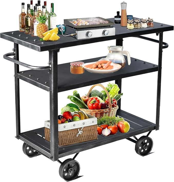 Industrial 3 Tier Mobile Bar Cart Rustic Metal Serving Cart by BOKKOLIK